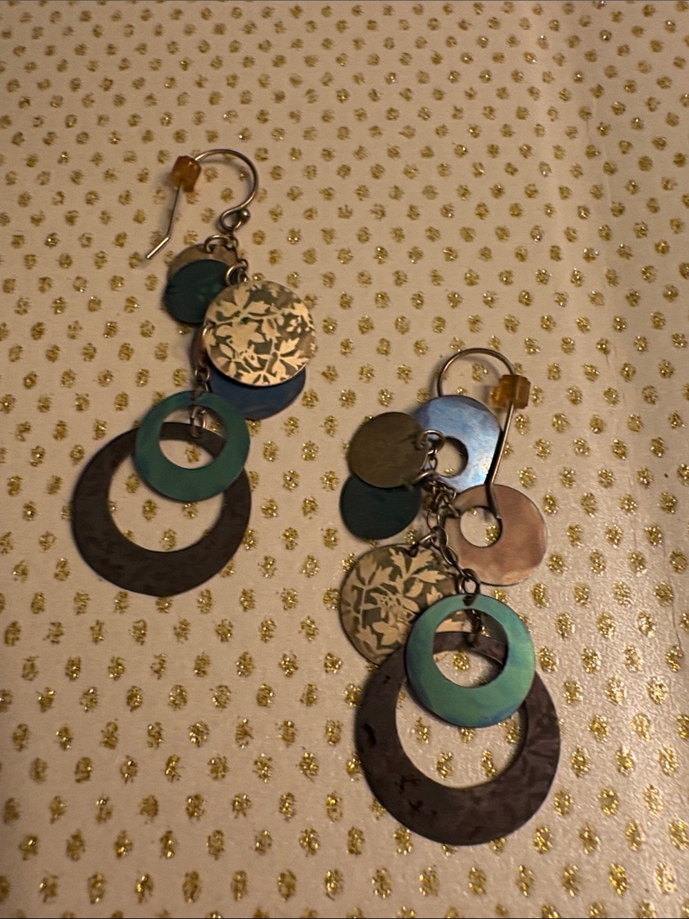 Holly Yashi Artisan Vintage Multi-Tone Green and Gold Dangle Earrings